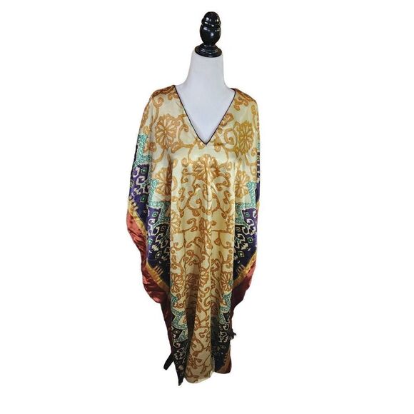 Vintage Silky Satin Polyester 70s Kaftan Print Gold Boho - Picture 1 of 5
